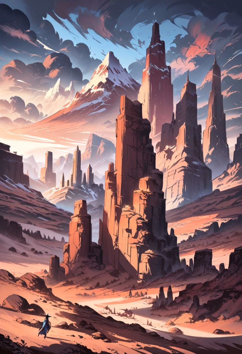Desert Rock Spires — view 1 — red rock spires, monument valley, dusty road, distant storm clouds, desert wilderness, landscape, detailed rock formatio