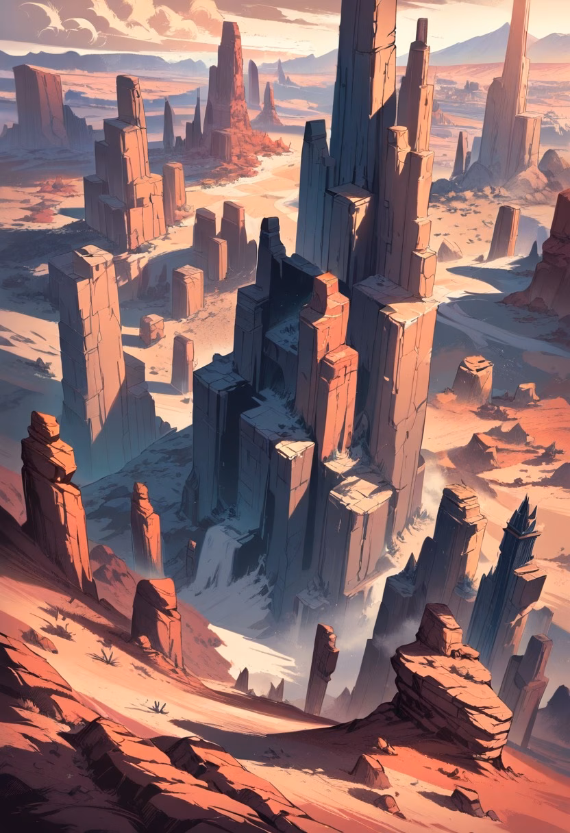 Desert Rock Spires — view 3 — red rock spires, monument valley, dusty road, distant storm clouds, desert wilderness, landscape, detailed rock formatio