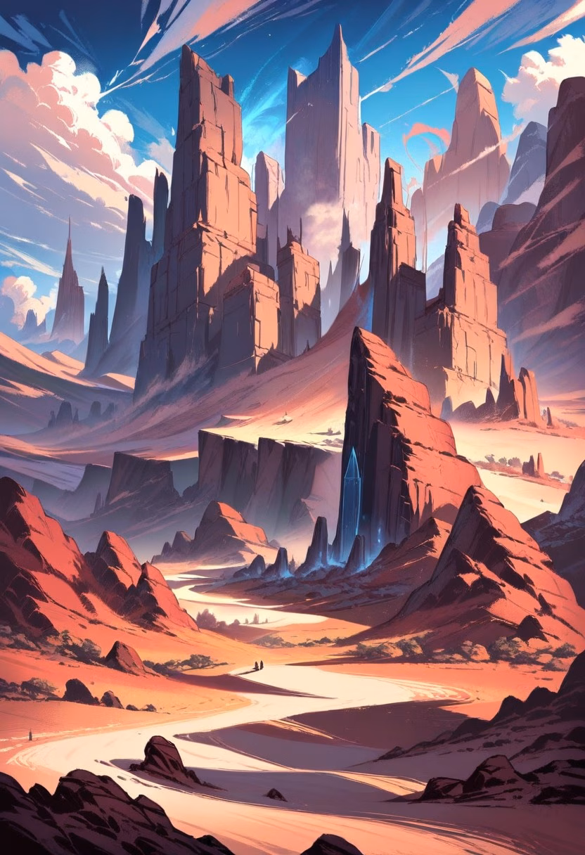 Desert Rock Spires — view 4 — red rock spires, monument valley, dusty road, distant storm clouds, desert wilderness, landscape, detailed rock formatio