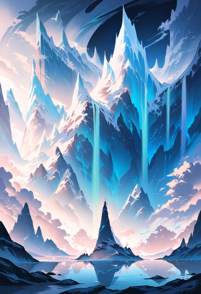 Glacial Fjord Night — view 1 — Serene glacial fjord with towering icy cliffs, reflecting in still dark arctic waters, clear winter night with aurora fa