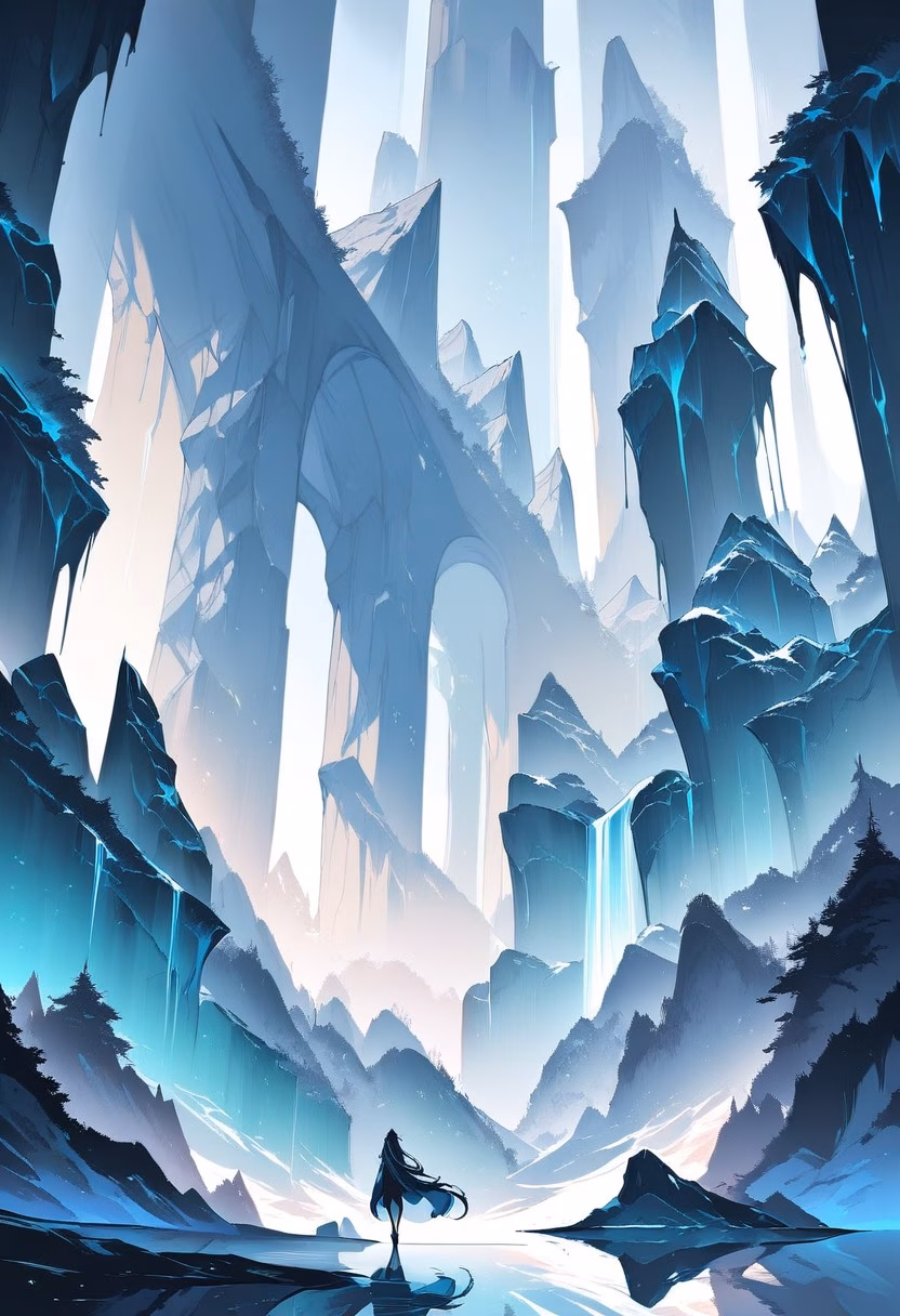 Glacial Fjord Night — view 2 — Serene glacial fjord with towering icy cliffs, reflecting in still dark arctic waters, clear winter night with aurora fa