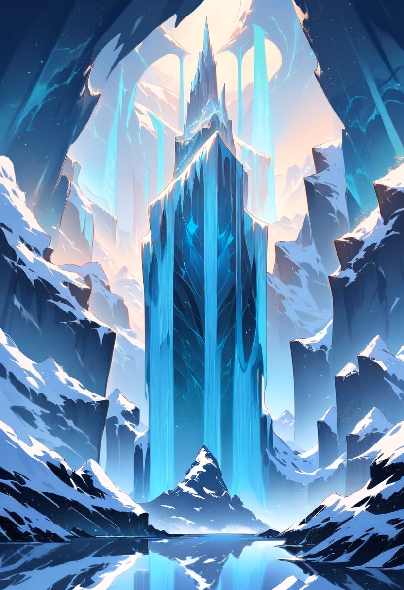 Glacial Fjord Night — view 3 — Serene glacial fjord with towering icy cliffs, reflecting in still dark arctic waters, clear winter night with aurora fa