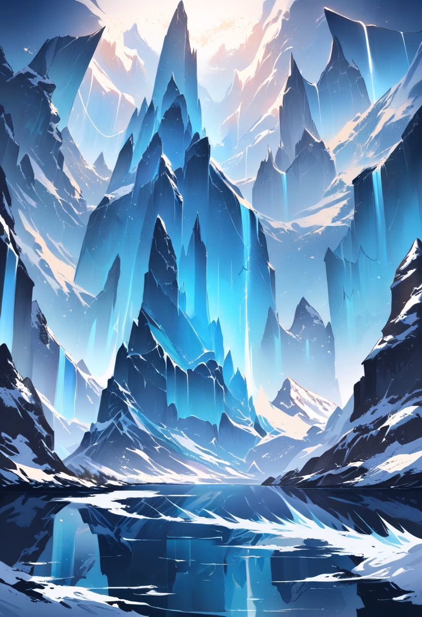 Glacial Fjord Night — view 4 — Serene glacial fjord with towering icy cliffs, reflecting in still dark arctic waters, clear winter night with aurora fa