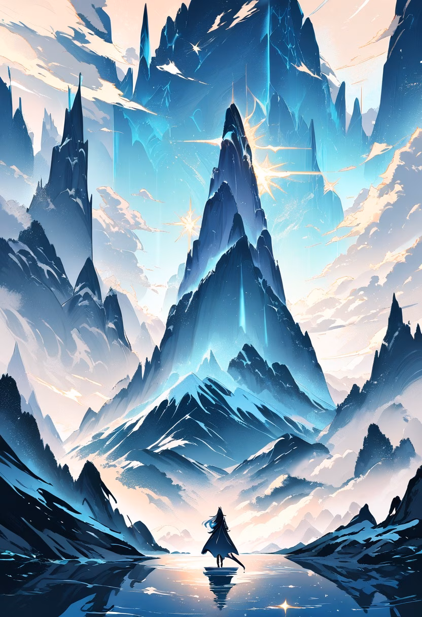 Glacial Fjord Night — view 5 — Serene glacial fjord with towering icy cliffs, reflecting in still dark arctic waters, clear winter night with aurora fa