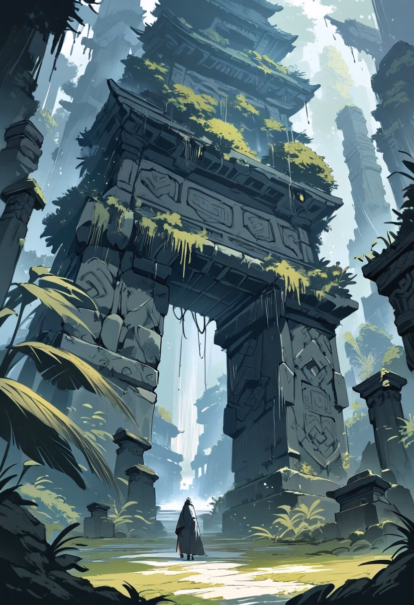 Jungle Stone Temple — view 1 — Ancient stone temple with weathered carved pillars, standing within dense jungle clearing, humid monsoon rain dripping f