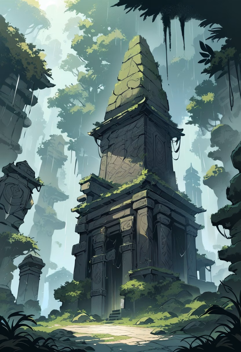 Jungle Stone Temple — view 2 — Ancient stone temple with weathered carved pillars, standing within dense jungle clearing, humid monsoon rain dripping f