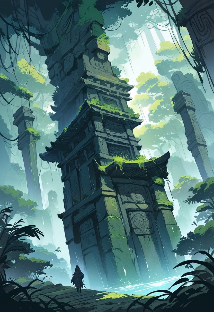 Jungle Stone Temple — view 3 — Ancient stone temple with weathered carved pillars, standing within dense jungle clearing, humid monsoon rain dripping f