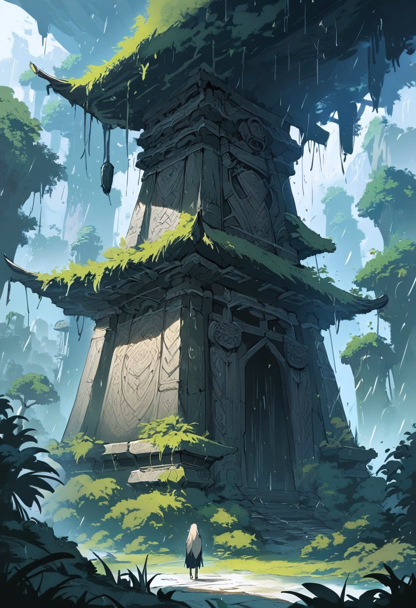 Jungle Stone Temple — view 4 — Ancient stone temple with weathered carved pillars, standing within dense jungle clearing, humid monsoon rain dripping f
