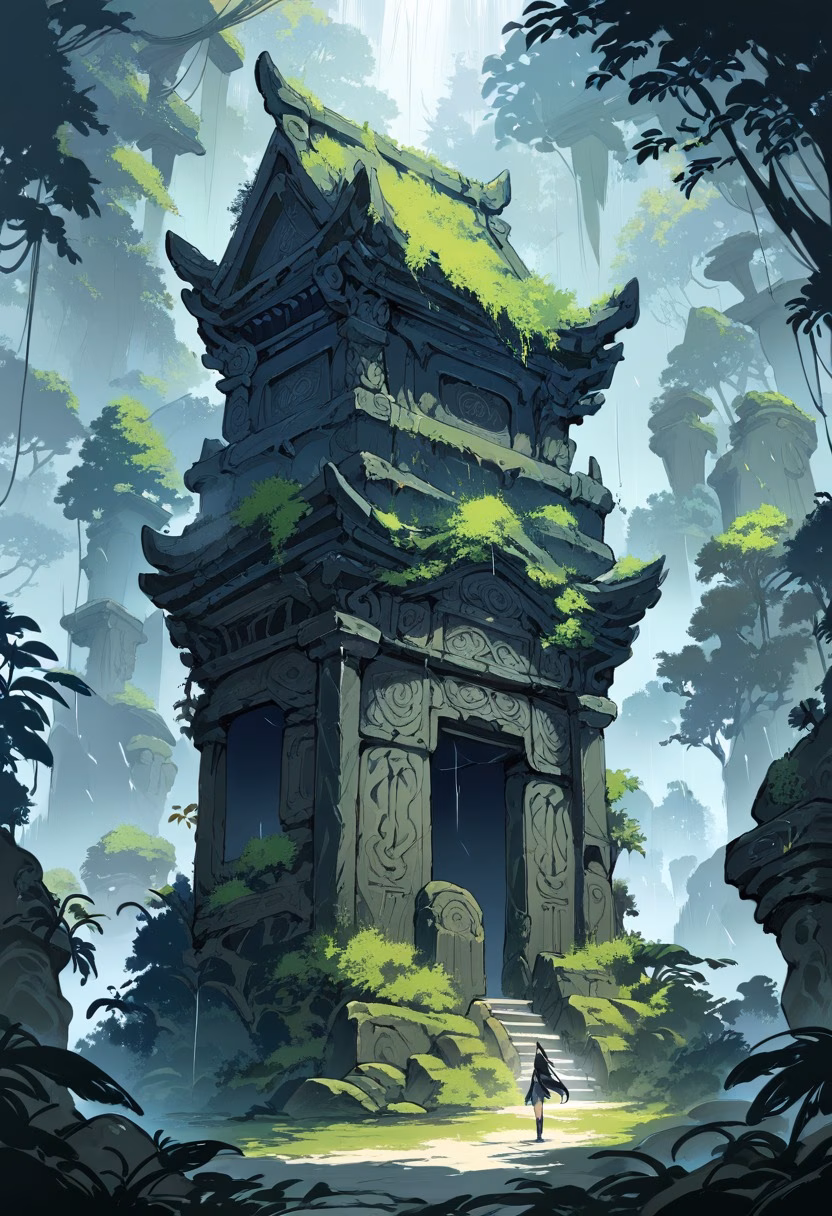 Jungle Stone Temple — view 5 — Ancient stone temple with weathered carved pillars, standing within dense jungle clearing, humid monsoon rain dripping f