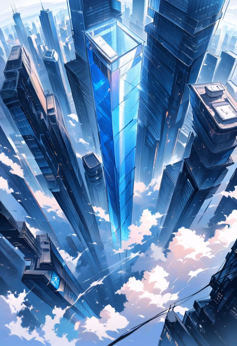 Glass Skyscraper Day — view 1 — Sleek modern glass skyscraper with reflective blue facade, rising above downtown financial district, crisp spring breeze