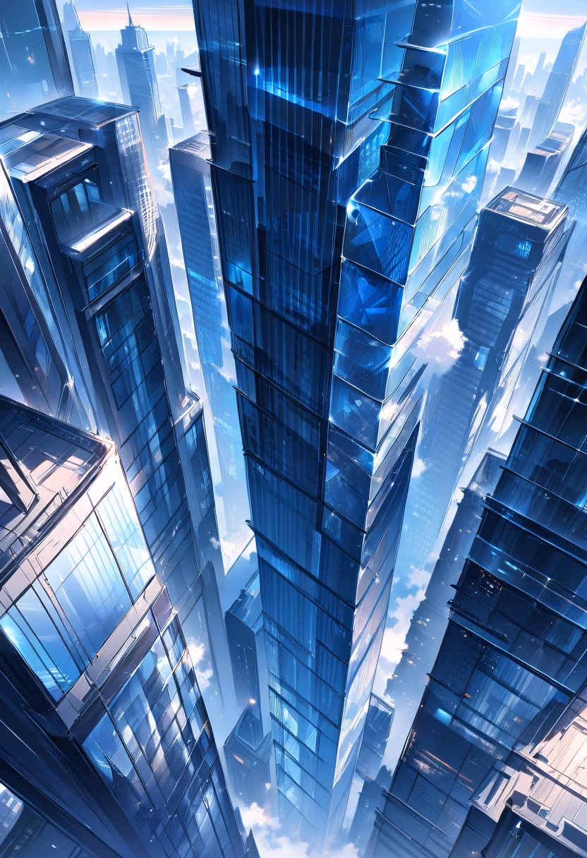 Glass Skyscraper Day — view 3 — Sleek modern glass skyscraper with reflective blue facade, rising above downtown financial district, crisp spring breeze