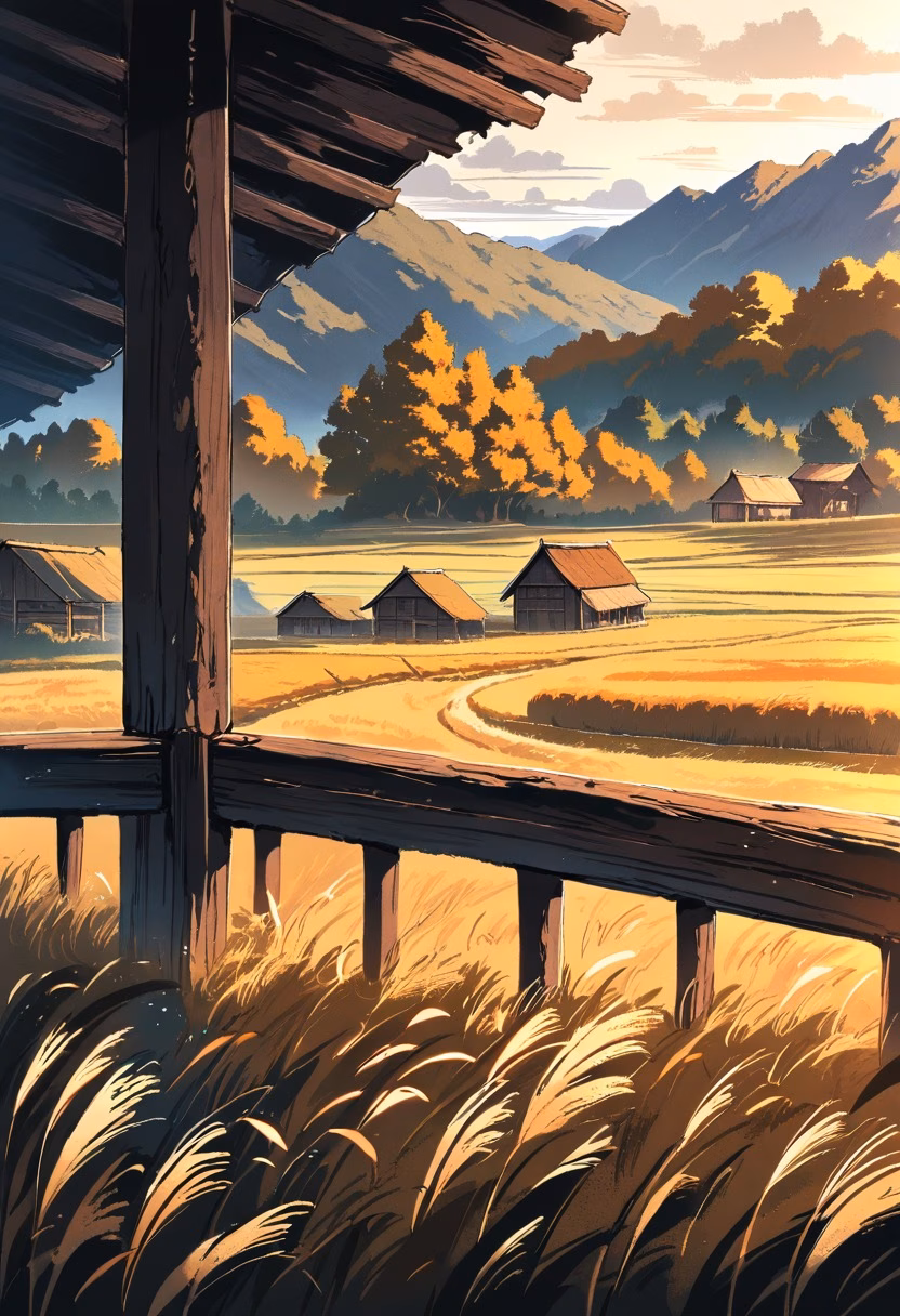 Rustic Red Barn — view 1 — Rustic wooden barn with faded red paint, nestled among rolling countryside farmland, golden autumn fields swaying behind