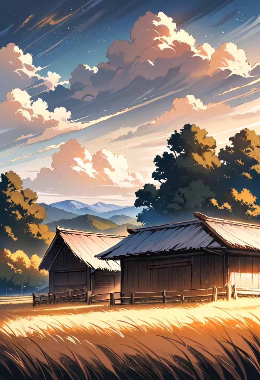 Rustic Red Barn — view 2 — Rustic wooden barn with faded red paint, nestled among rolling countryside farmland, golden autumn fields swaying behind