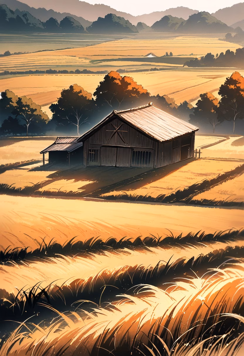 Rustic Red Barn — view 3 — Rustic wooden barn with faded red paint, nestled among rolling countryside farmland, golden autumn fields swaying behind