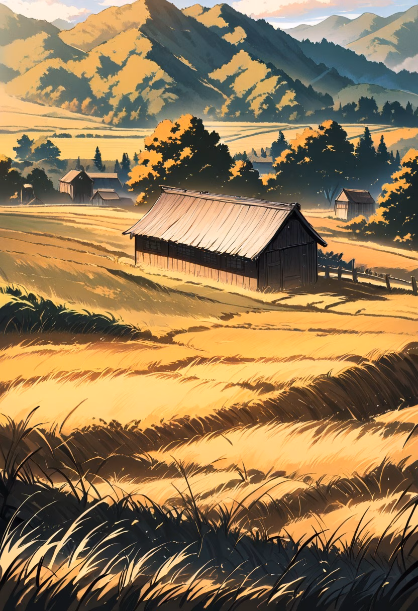 Rustic Red Barn — view 4 — Rustic wooden barn with faded red paint, nestled among rolling countryside farmland, golden autumn fields swaying behind