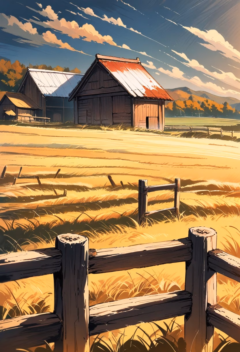 Rustic Red Barn — view 5 — Rustic wooden barn with faded red paint, nestled among rolling countryside farmland, golden autumn fields swaying behind