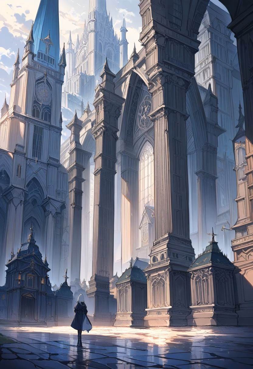 Baroque Cathedral Dusk — view 1 — Ornate baroque cathedral with intricate stone spires, dominating historic European square, light winter drizzle wetting 