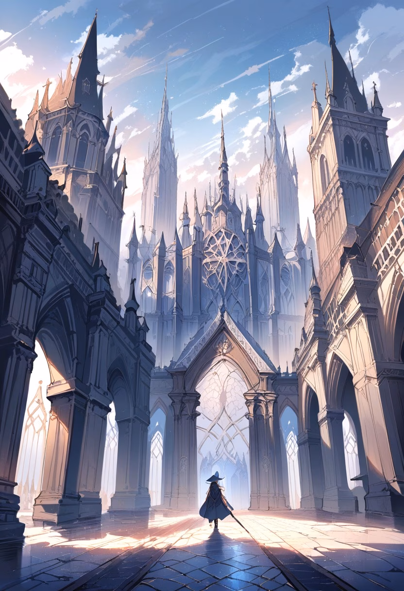 Baroque Cathedral Dusk — view 2 — Ornate baroque cathedral with intricate stone spires, dominating historic European square, light winter drizzle wetting 