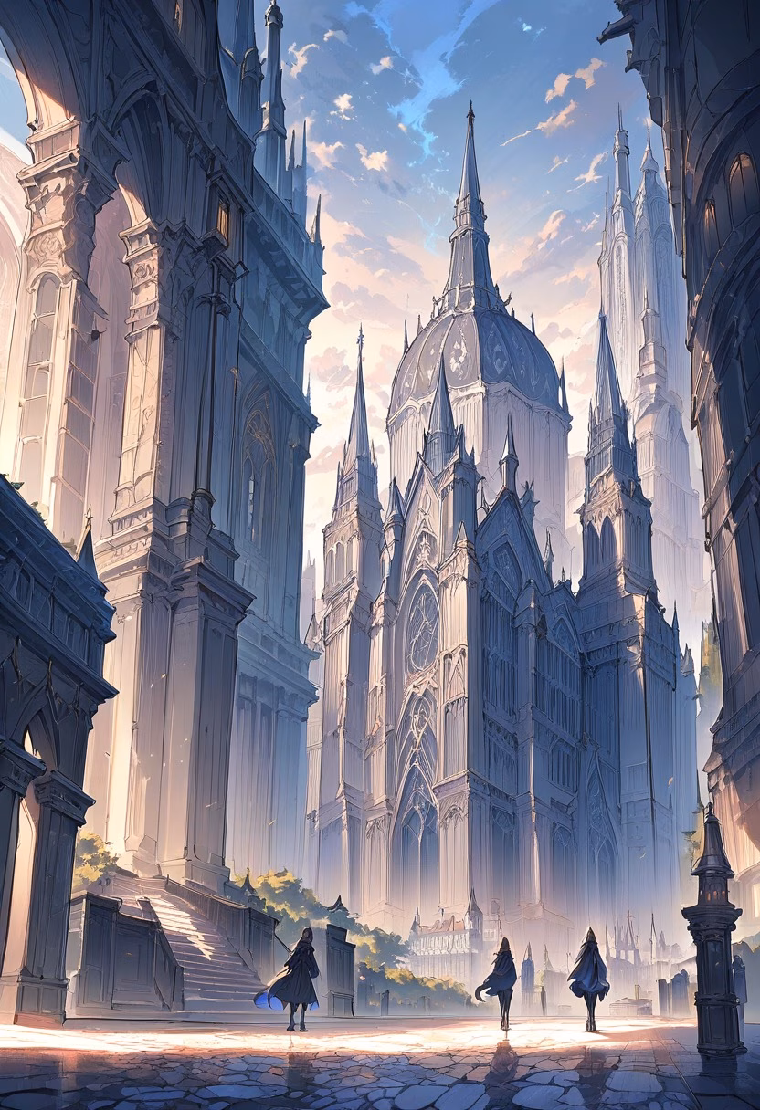 Baroque Cathedral Dusk — view 3 — Ornate baroque cathedral with intricate stone spires, dominating historic European square, light winter drizzle wetting 