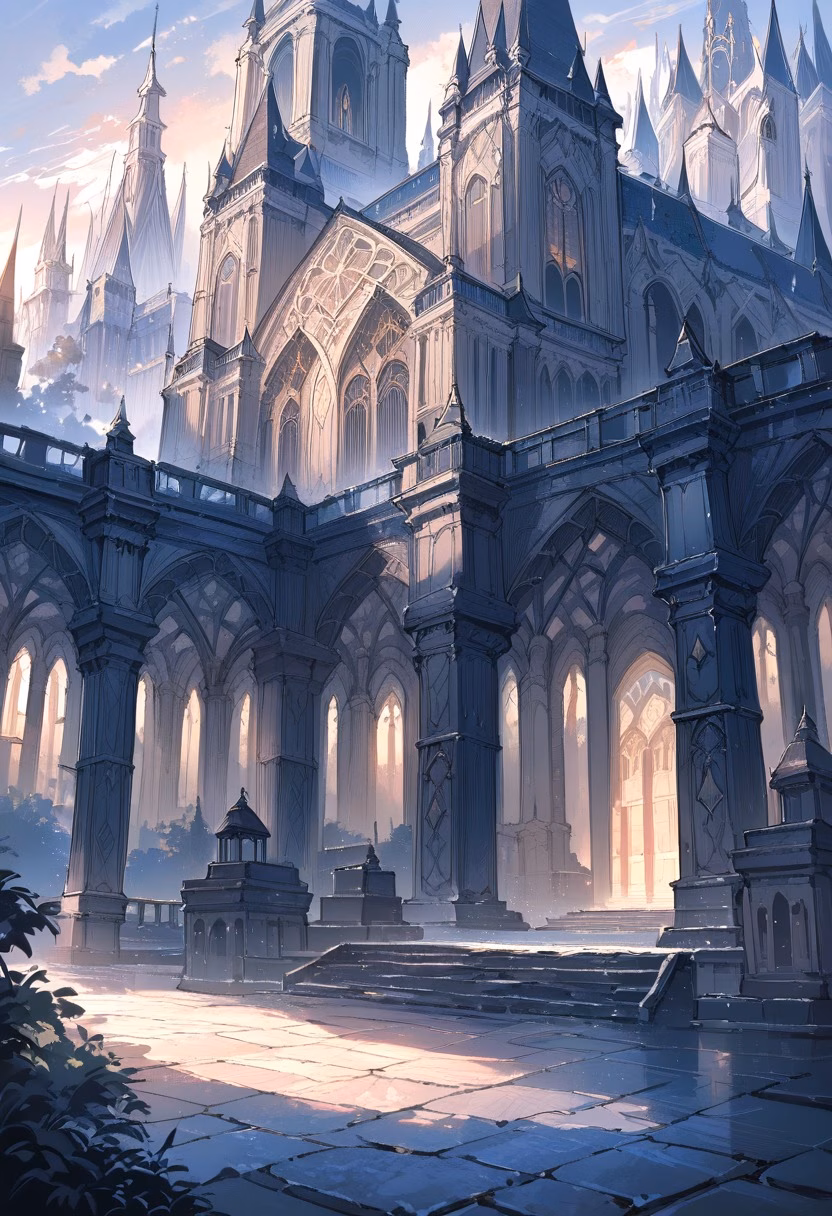 Baroque Cathedral Dusk — view 4 — Ornate baroque cathedral with intricate stone spires, dominating historic European square, light winter drizzle wetting 