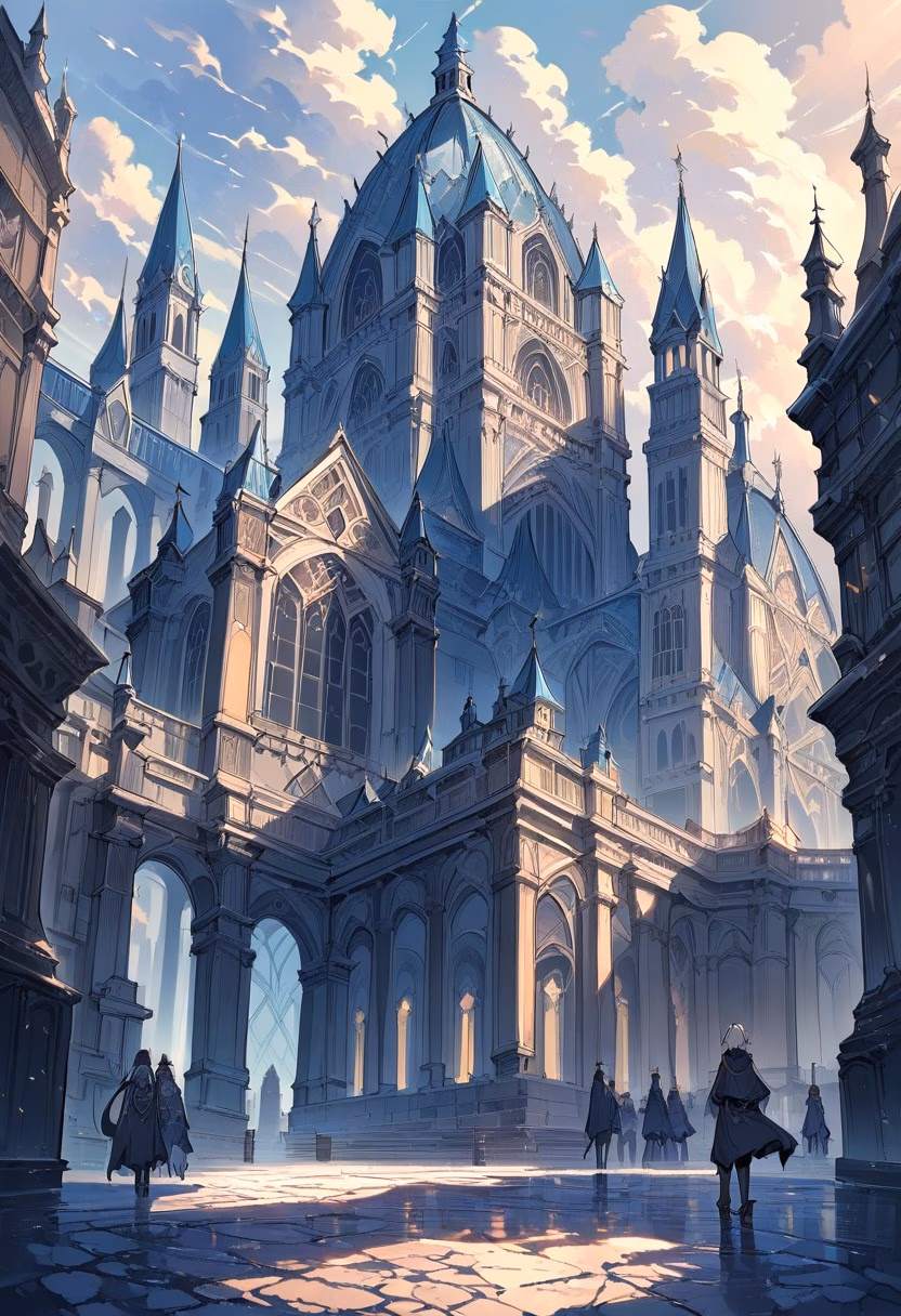 Baroque Cathedral Dusk — view 5 — Ornate baroque cathedral with intricate stone spires, dominating historic European square, light winter drizzle wetting 