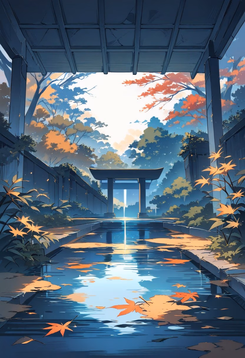 Concrete Pavilion Night — view 2 — Minimalist concrete pavilion with clean geometric lines, situated beside tranquil reflecting pool garden, cool autumn ni