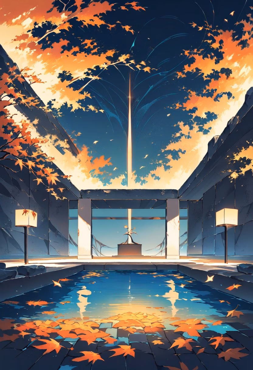 Concrete Pavilion Night — view 3 — Minimalist concrete pavilion with clean geometric lines, situated beside tranquil reflecting pool garden, cool autumn ni