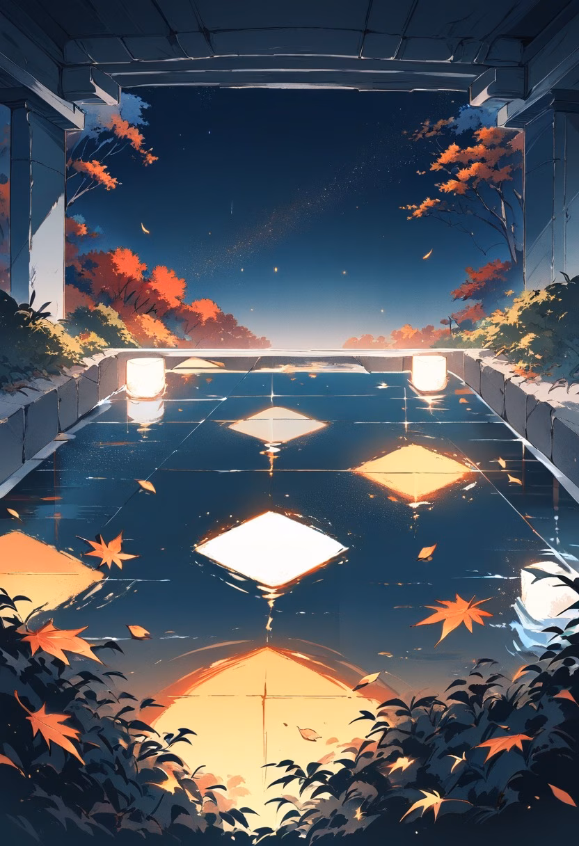 Concrete Pavilion Night — view 4 — Minimalist concrete pavilion with clean geometric lines, situated beside tranquil reflecting pool garden, cool autumn ni