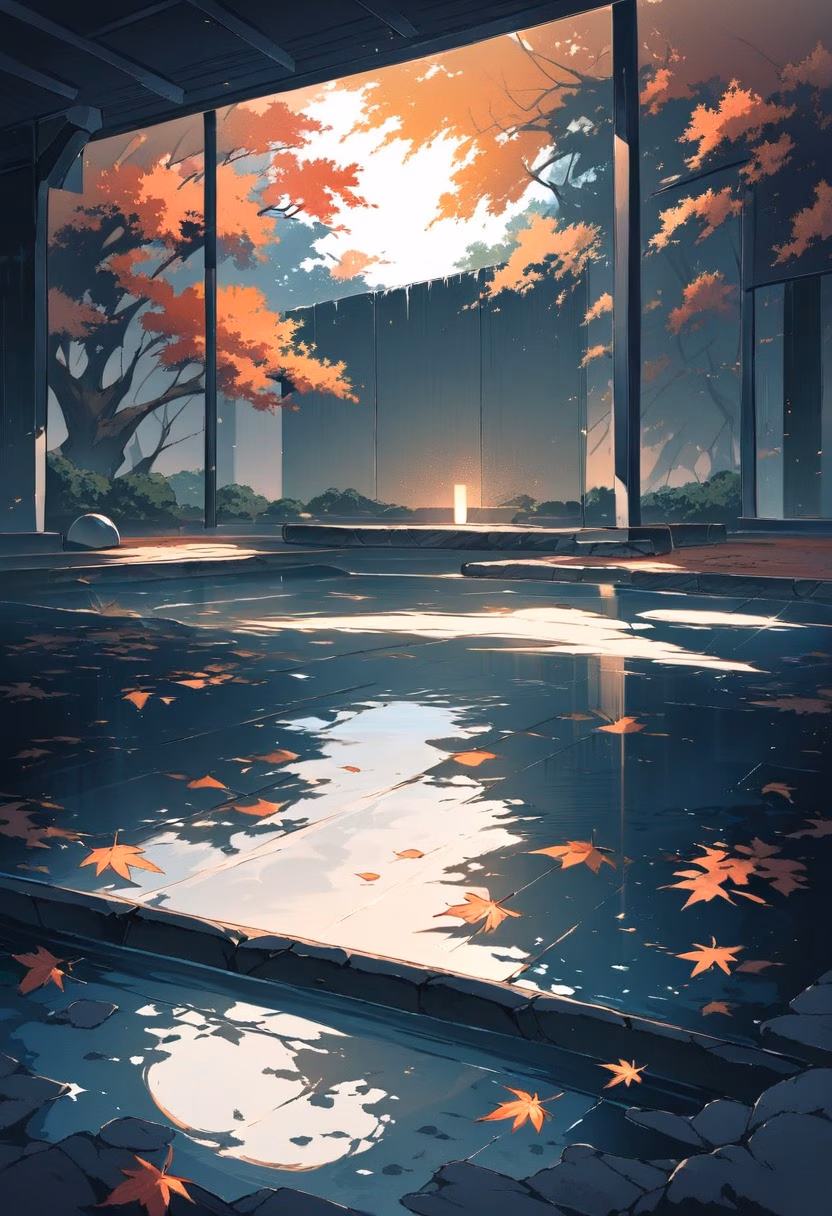 Concrete Pavilion Night — view 5 — Minimalist concrete pavilion with clean geometric lines, situated beside tranquil reflecting pool garden, cool autumn ni