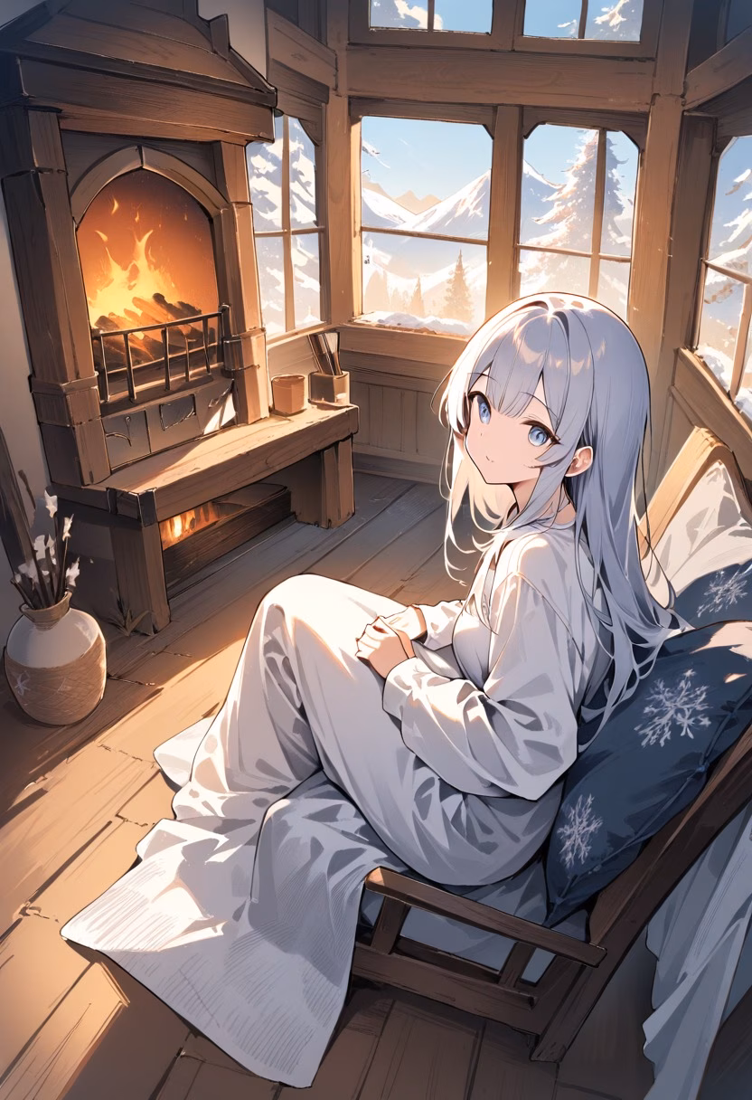 Scandinavian Living Room — view 2 — Cozy Scandinavian living room with soft linen sofa, featuring warm wooden floors and fireplace, early winter morning fro