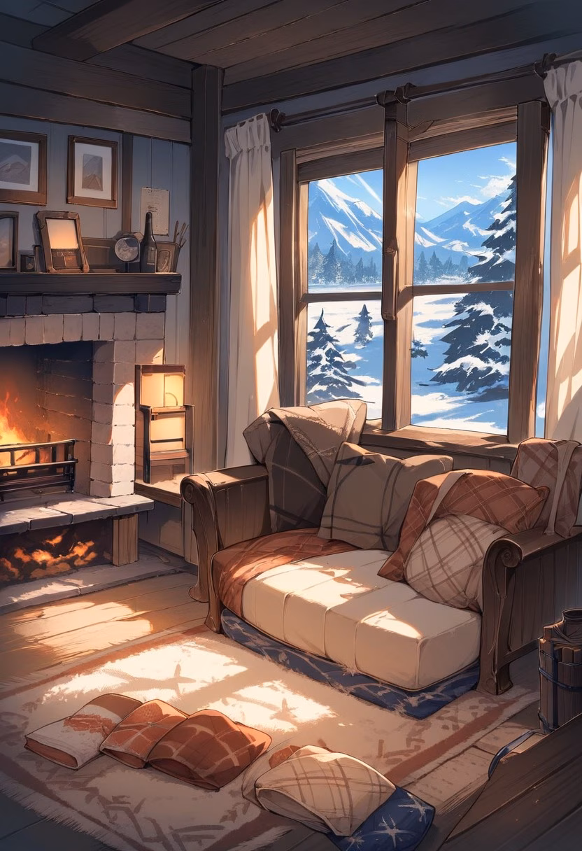 Scandinavian Living Room — view 4 — Cozy Scandinavian living room with soft linen sofa, featuring warm wooden floors and fireplace, early winter morning fro