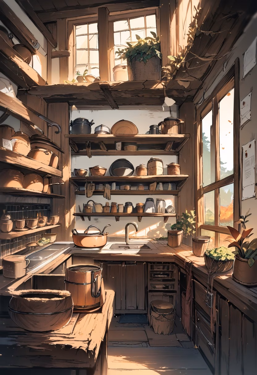 Farmhouse Kitchen Warmth — view 1 — Rustic farmhouse kitchen with reclaimed wooden island, surrounded by vintage copper pots and shelves, warm autumn light 