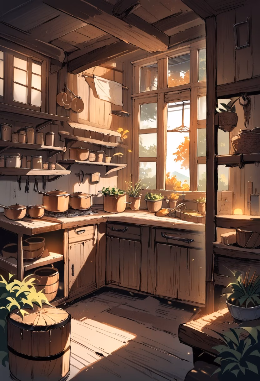 Farmhouse Kitchen Warmth — view 5 — Rustic farmhouse kitchen with reclaimed wooden island, surrounded by vintage copper pots and shelves, warm autumn light 
