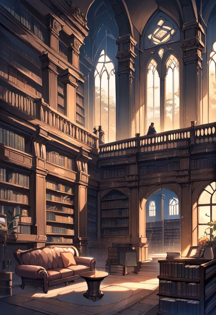 Elegant Library Study — view 1 — Elegant library study with towering oak bookshelves, centered around leather armchair and fireplace, rainy spring evenin