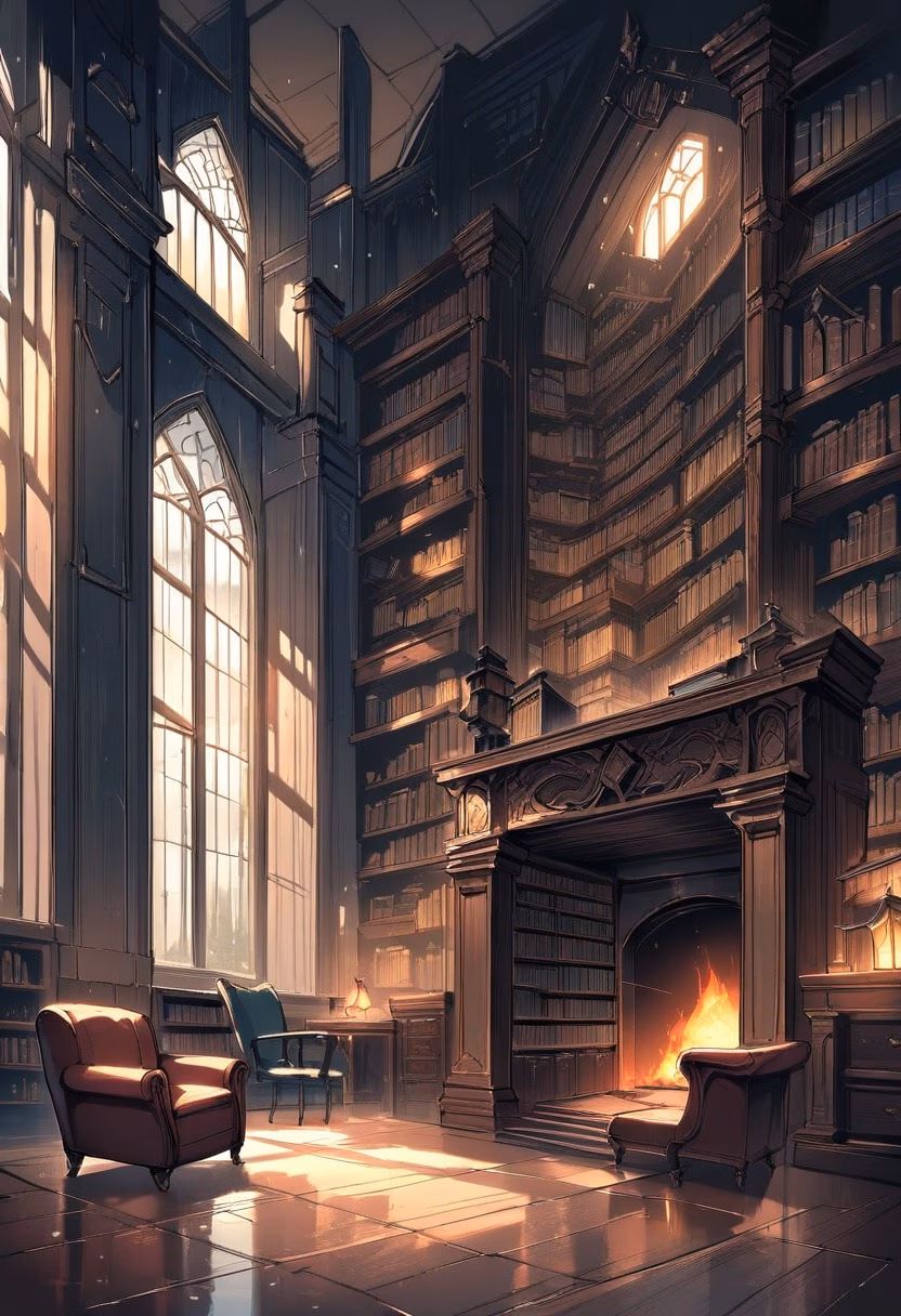 Elegant Library Study — view 2 — Elegant library study with towering oak bookshelves, centered around leather armchair and fireplace, rainy spring evenin