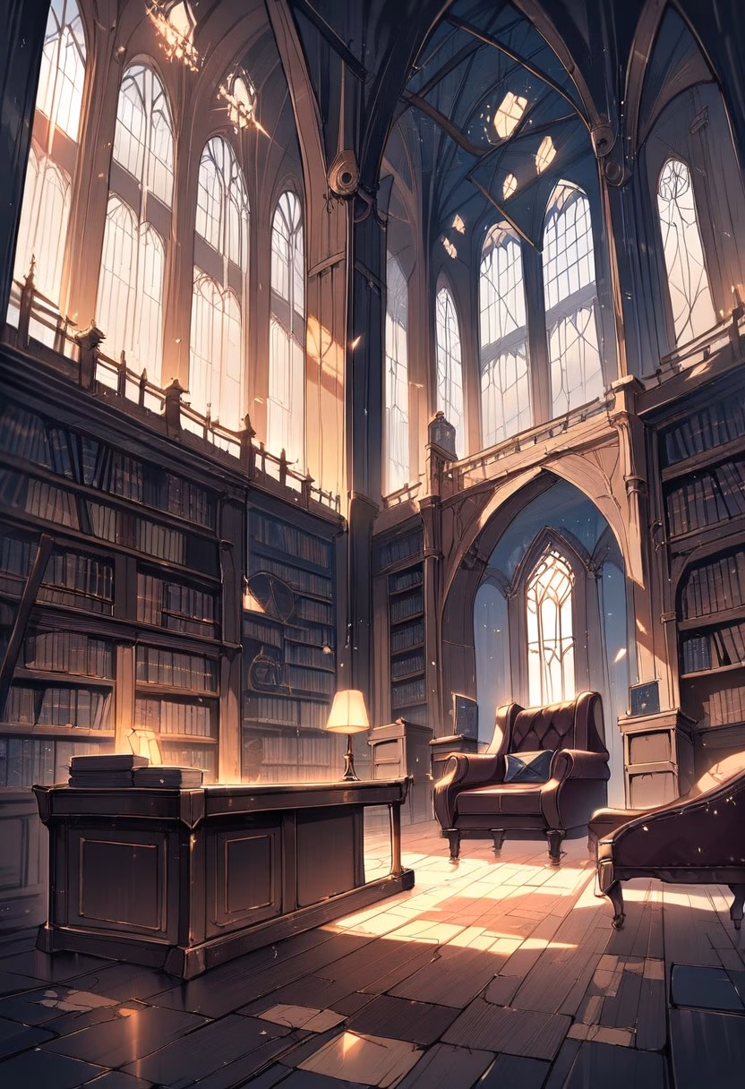 Elegant Library Study — view 3 — Elegant library study with towering oak bookshelves, centered around leather armchair and fireplace, rainy spring evenin