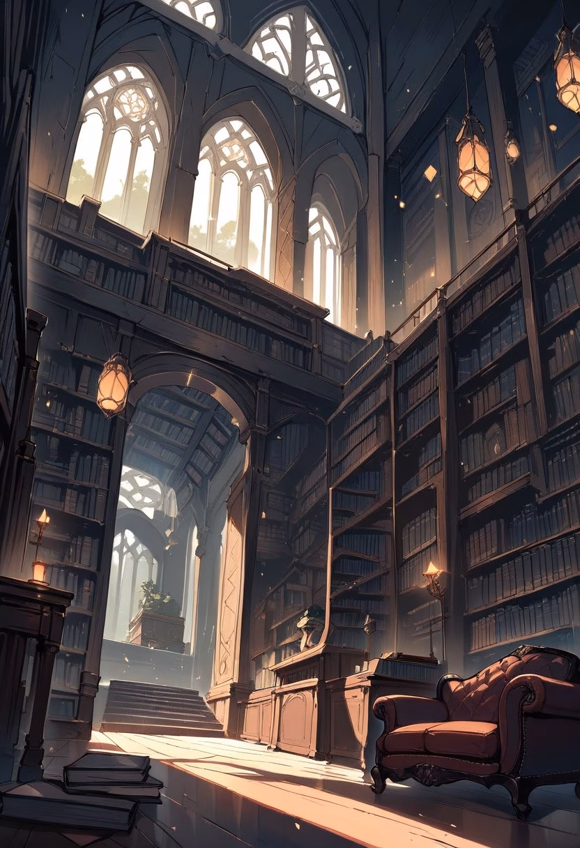Elegant Library Study — view 4 — Elegant library study with towering oak bookshelves, centered around leather armchair and fireplace, rainy spring evenin
