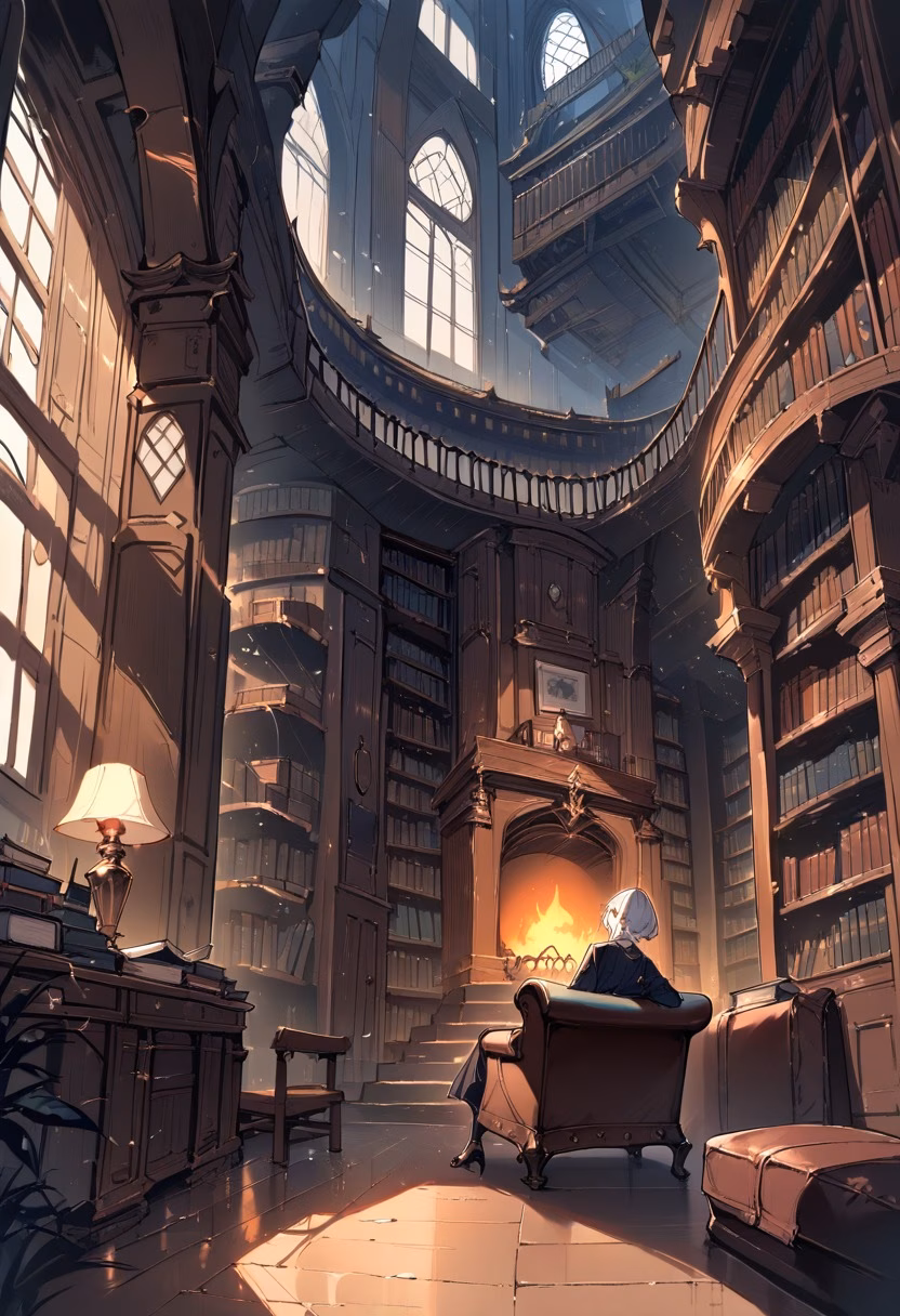 Elegant Library Study — view 5 — Elegant library study with towering oak bookshelves, centered around leather armchair and fireplace, rainy spring evenin