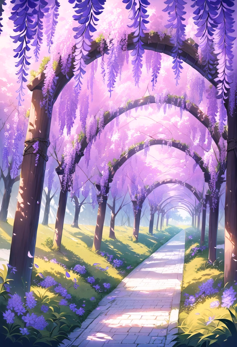 Wisteria Flower Tunnel — view 1 — wisteria tunnel, hanging purple flowers, wooden pergola, garden path, spring bloom, soft petals, dreamy atmosphere, natu