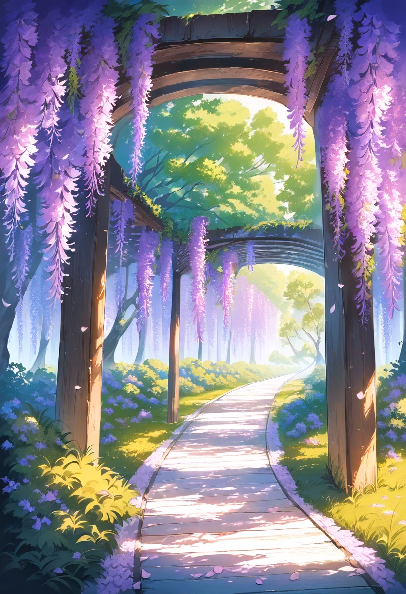 Wisteria Flower Tunnel — view 2 — wisteria tunnel, hanging purple flowers, wooden pergola, garden path, spring bloom, soft petals, dreamy atmosphere, natu