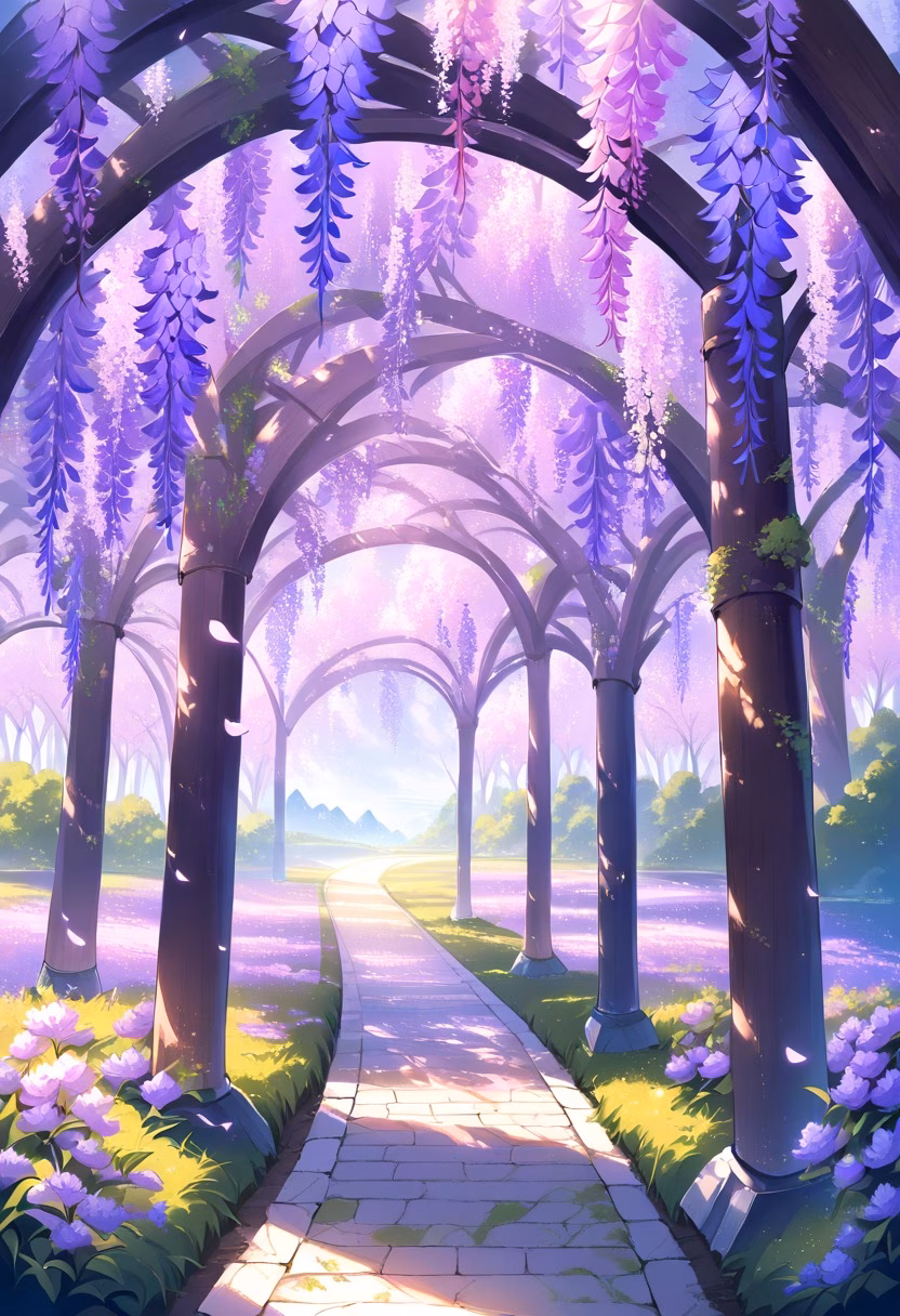 Wisteria Flower Tunnel — view 3 — wisteria tunnel, hanging purple flowers, wooden pergola, garden path, spring bloom, soft petals, dreamy atmosphere, natu