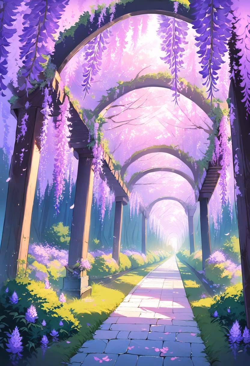 Wisteria Flower Tunnel — view 4 — wisteria tunnel, hanging purple flowers, wooden pergola, garden path, spring bloom, soft petals, dreamy atmosphere, natu