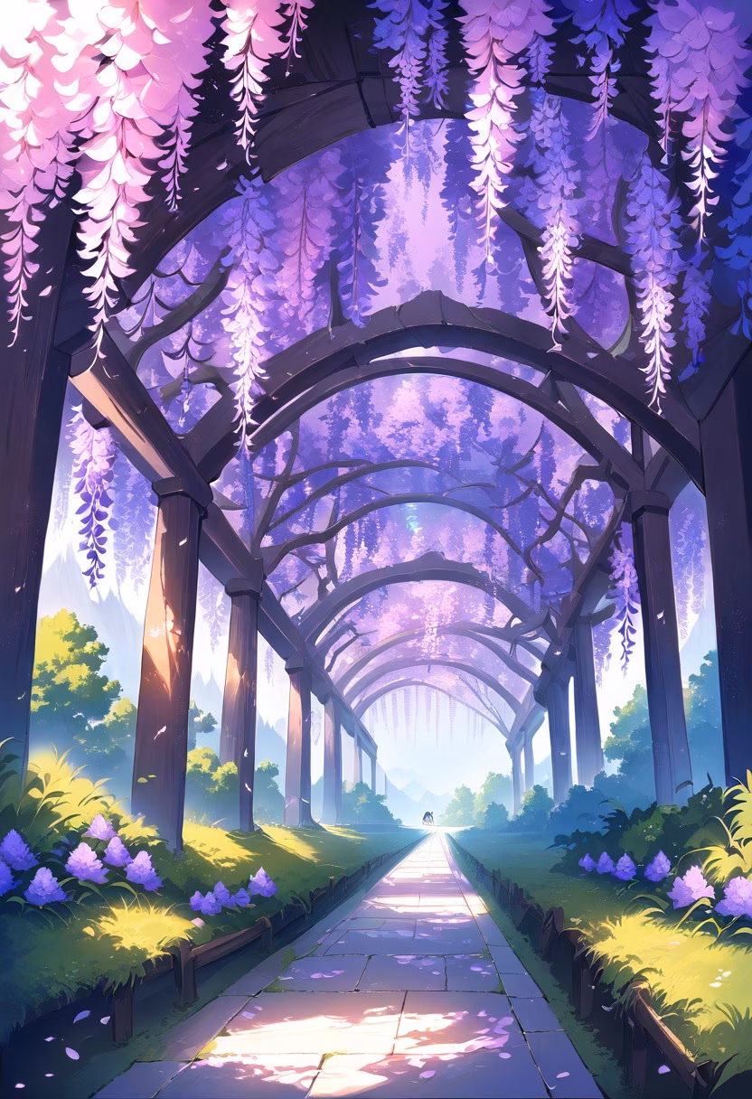 Wisteria Flower Tunnel — view 5 — wisteria tunnel, hanging purple flowers, wooden pergola, garden path, spring bloom, soft petals, dreamy atmosphere, natu