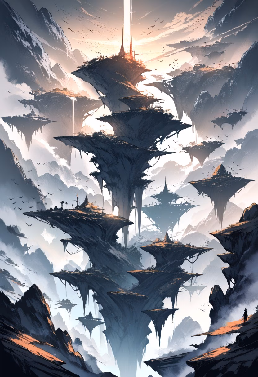 Floating Fantasy Islands — view 1 — floating islands, waterfalls falling into clouds, fantasy landscape, dramatic lighting, distant birds, surreal, detailed