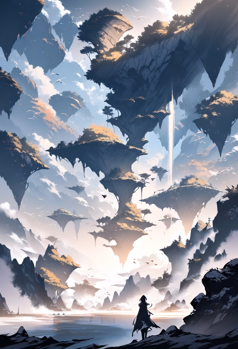 Floating Fantasy Islands — view 2 — floating islands, waterfalls falling into clouds, fantasy landscape, dramatic lighting, distant birds, surreal, detailed