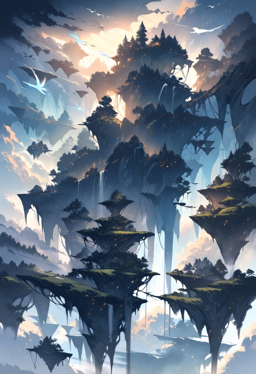 Floating Fantasy Islands — view 3 — floating islands, waterfalls falling into clouds, fantasy landscape, dramatic lighting, distant birds, surreal, detailed