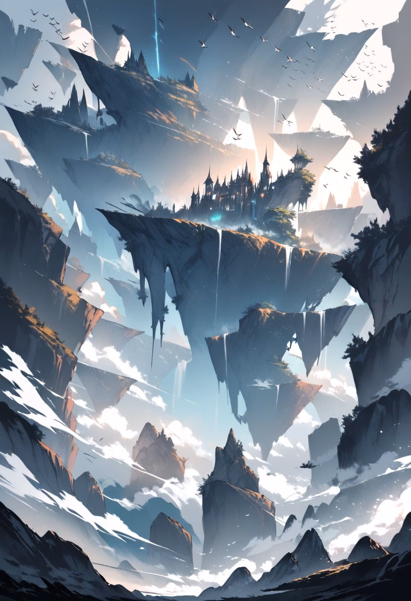 Floating Fantasy Islands — view 4 — floating islands, waterfalls falling into clouds, fantasy landscape, dramatic lighting, distant birds, surreal, detailed
