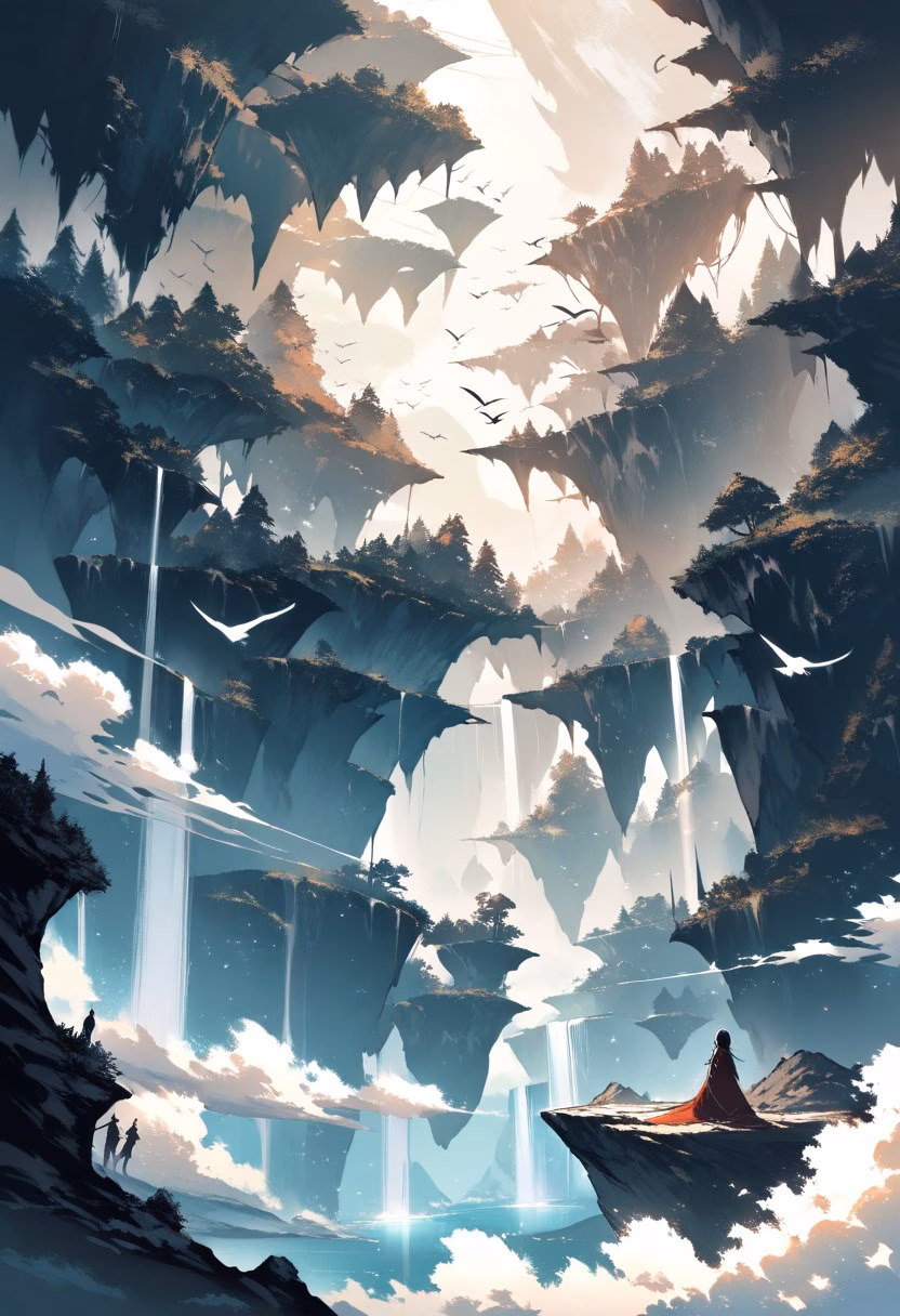 Floating Fantasy Islands — view 5 — floating islands, waterfalls falling into clouds, fantasy landscape, dramatic lighting, distant birds, surreal, detailed