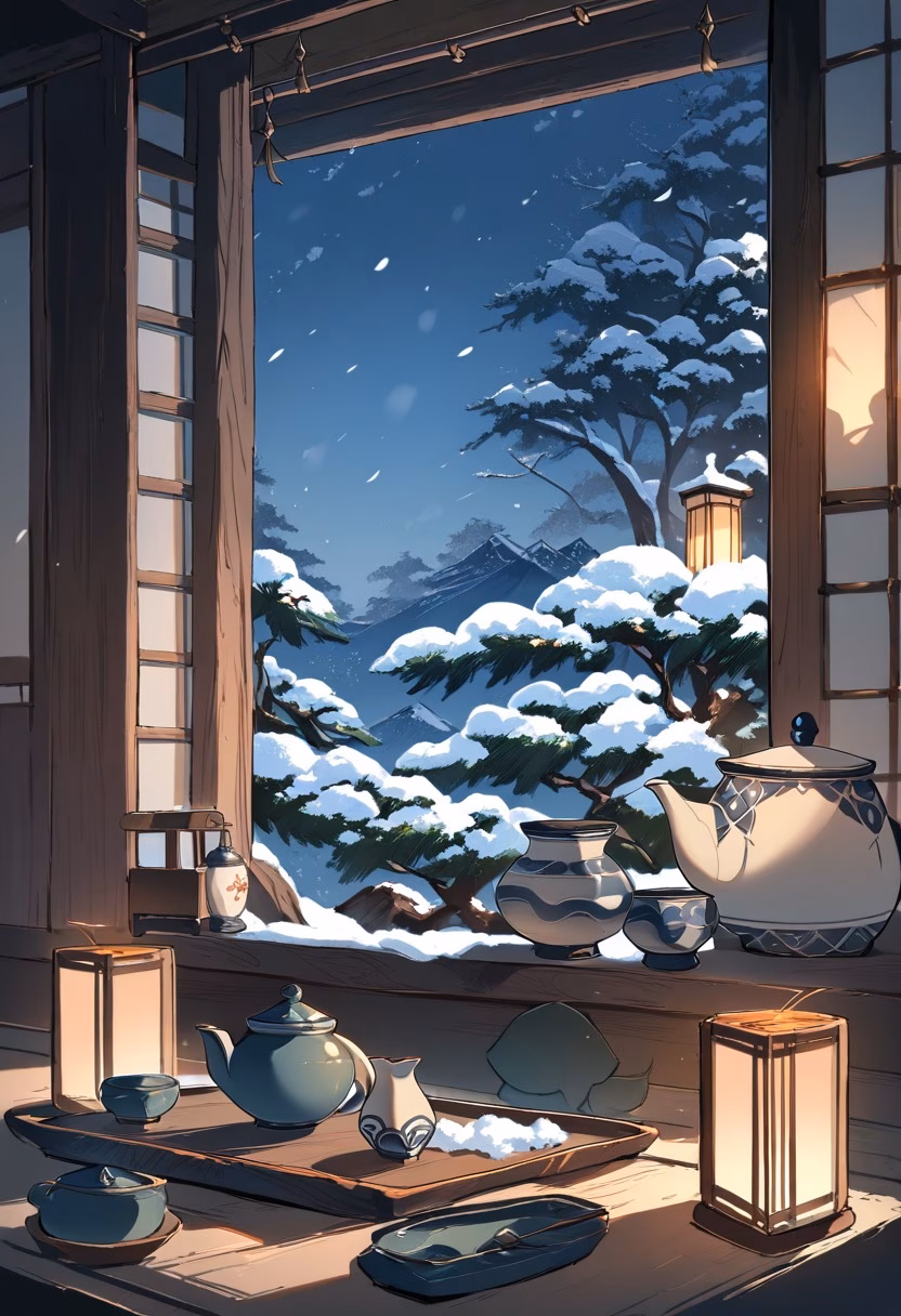 Ceramic Tea Set — view 1 — Artisan ceramic tea set with matte glazed cups, arranged on low wooden tray table, calm winter evening with snow falling