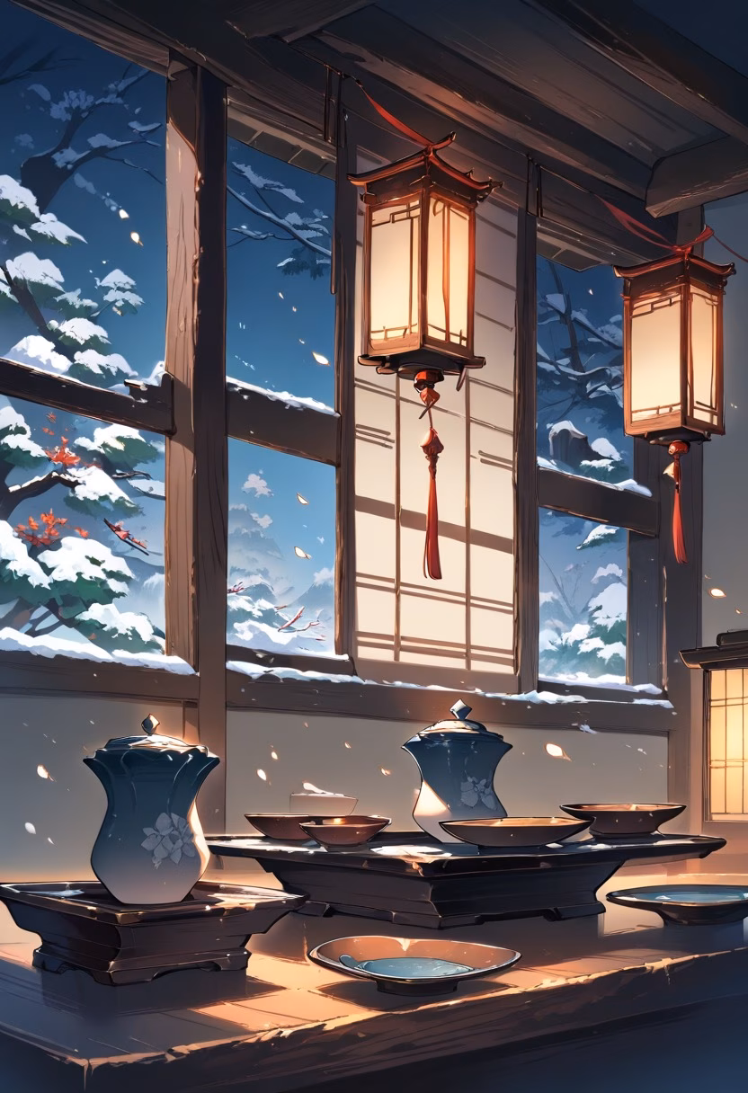 Ceramic Tea Set — view 2 — Artisan ceramic tea set with matte glazed cups, arranged on low wooden tray table, calm winter evening with snow falling